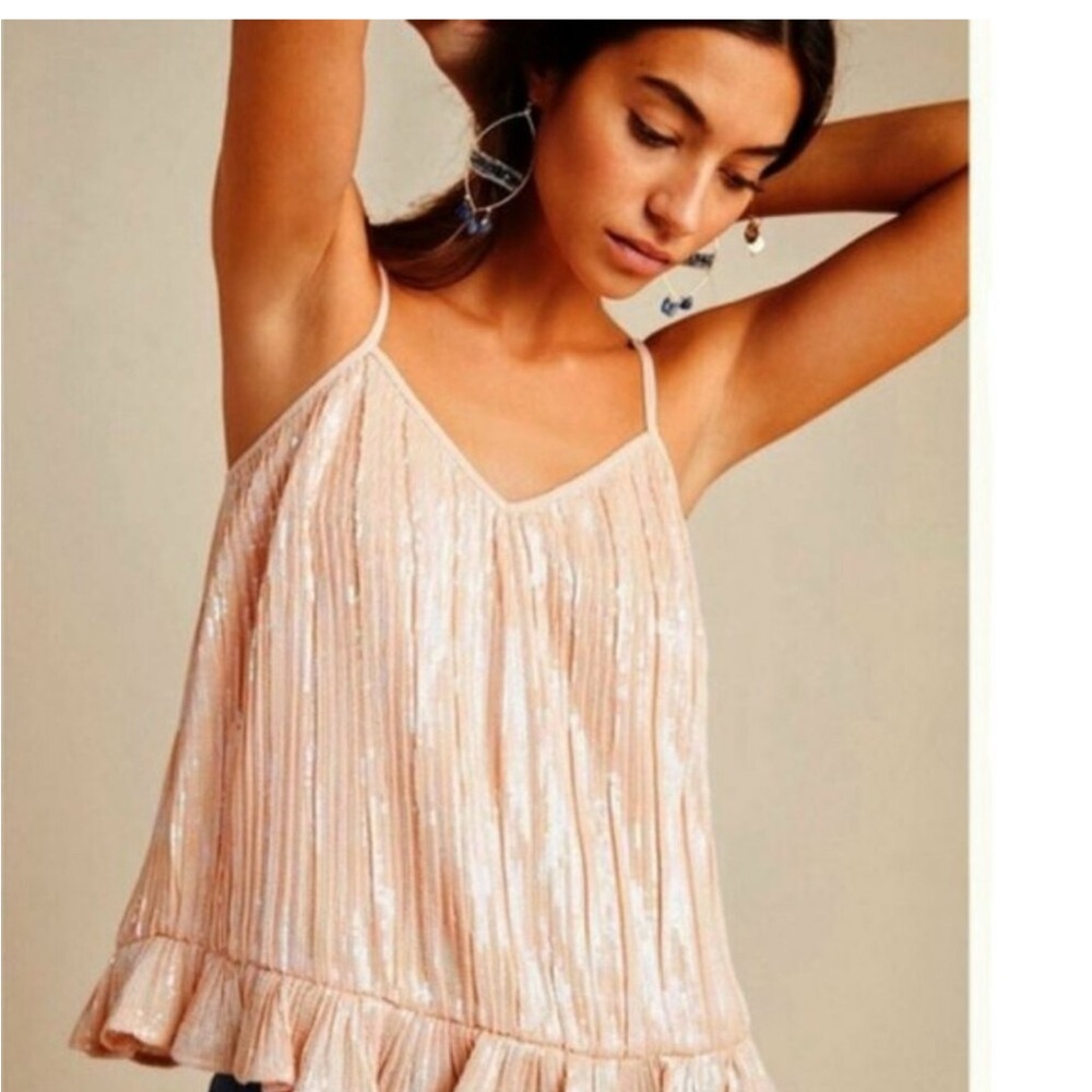 NWT Anthropologie Peach Pink Sequin Peplum Sleeveless Dress Tank Top Camisole 8